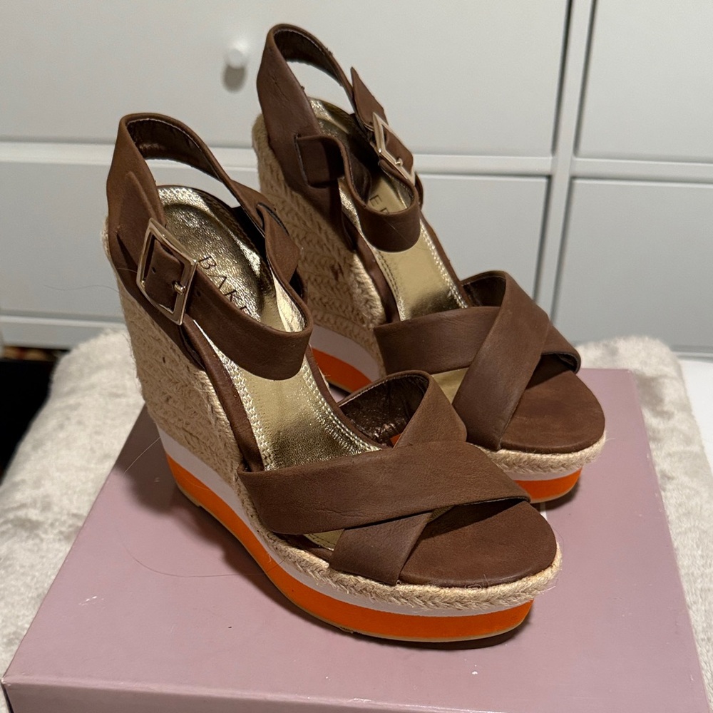 Bakers Brown and Orange Wedge Sandals